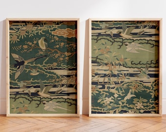 Vintage Chinoiserie Tapestry Set of 2 Prints, Chinoiserie Art, Botanical Art Print, Bird and Flower Print, Bird Prints, Sage Green Wall Art
