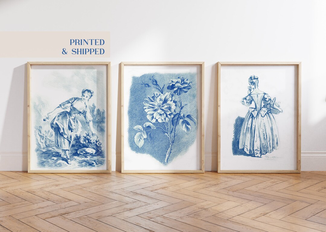 Blue Botanical Wall Art, Blue Roses Wall Art, Girl With Flowers Art