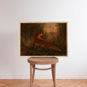 This moody antique painting of fox in earthtones will look lovely in your farmhouse living room, kitchen or cabin.