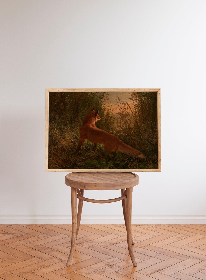This moody antique painting of fox in earthtones will look lovely in your farmhouse living room, kitchen or cabin.