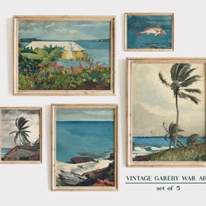 Bermuda Wall Art, Summer Print Set, Set of 5, Beach Landscape Prints, Colorful Prints, Tropical Print Set, Palm Tree Art, Winslow Homer Art