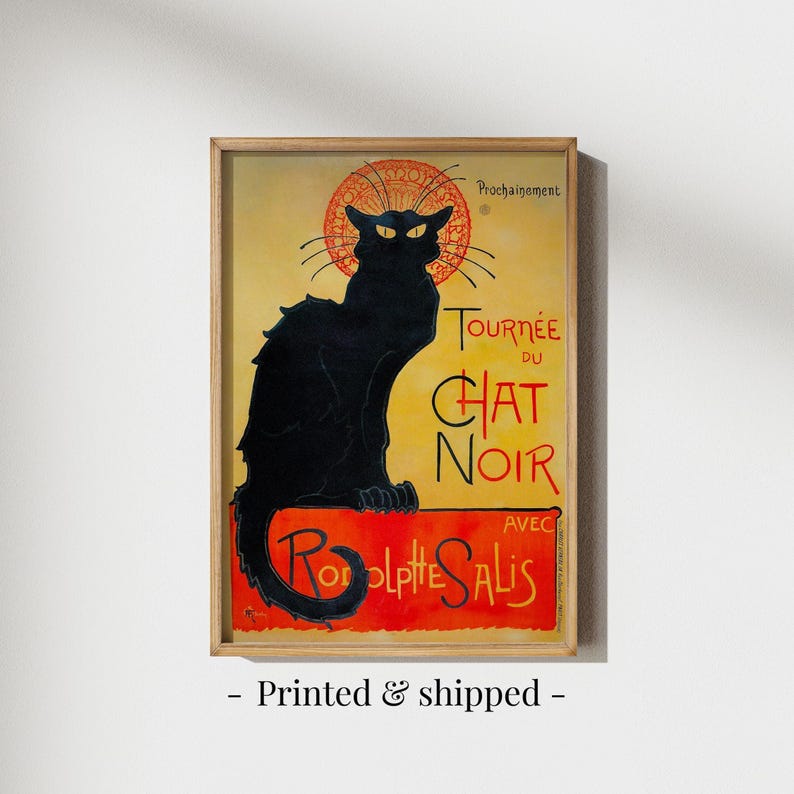 Art Nouveau Black Cat Wall Art Chat Noir print in vintage wall art poster style. Retro poster featuring elegant black cat art on yellow and red background adds charm to living room or bedroom. Unique animal poster and cat poster decor perfect for vintage lovers, blending classic French design with bold feline character. Ideal black cat art for gallery wall, office, or as a stylish gift.