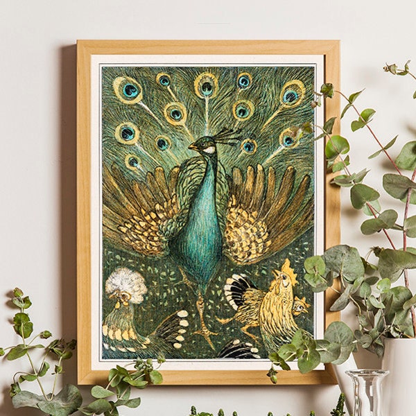 Peacock print, Peacock poster, Peacockwall art, Botanical print, Vintage botanical, Peafowl print, Vintage bird print, Vintage bird poster