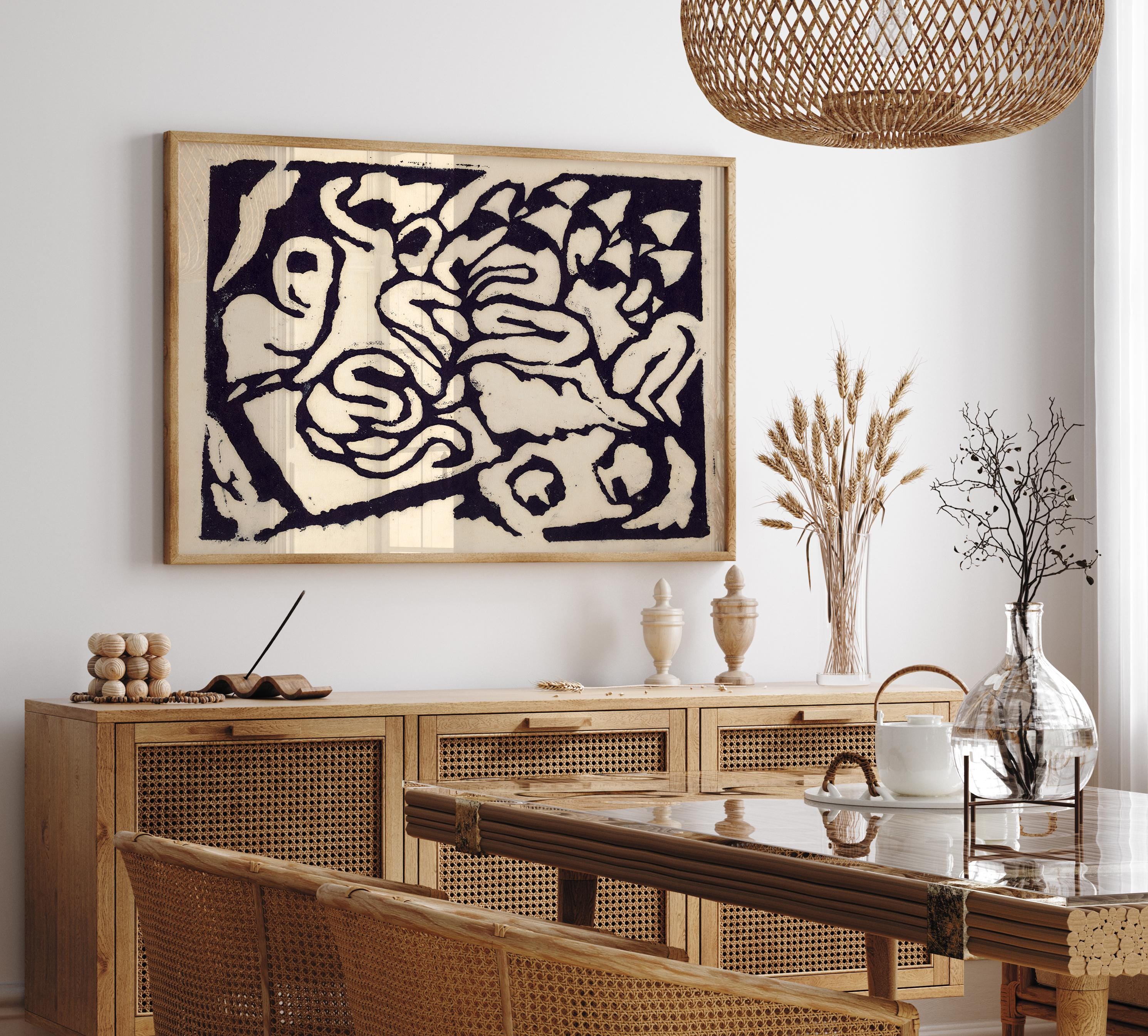 Vintage Abstract Black Painting, Antique Bold Modern Wall Decor