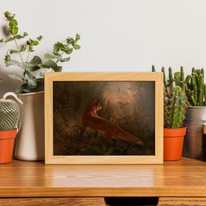 This moody antique painting of fox in earthtones will look lovely in your farmhouse living room, kitchen or cabin.