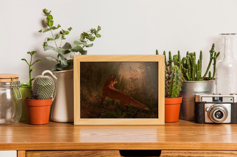 This moody antique painting of fox in earthtones will look lovely in your farmhouse living room, kitchen or cabin.