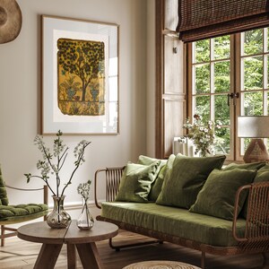 Tree of Life art print inspired by antique Persian garden painting with birds, botanical foliage, and symbolic nature imagery.