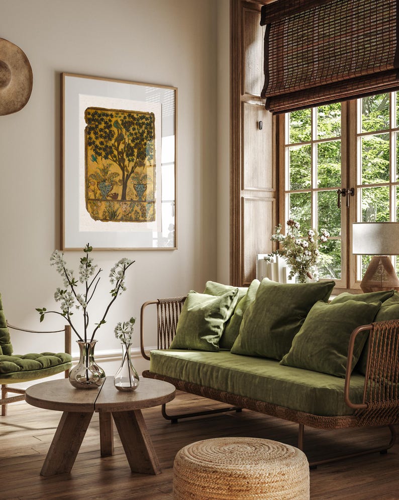 Tree of Life art print inspired by antique Persian garden painting with birds, botanical foliage, and symbolic nature imagery.