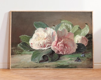 Vintage Peonies Painting Print, Moody Floral Wall Art