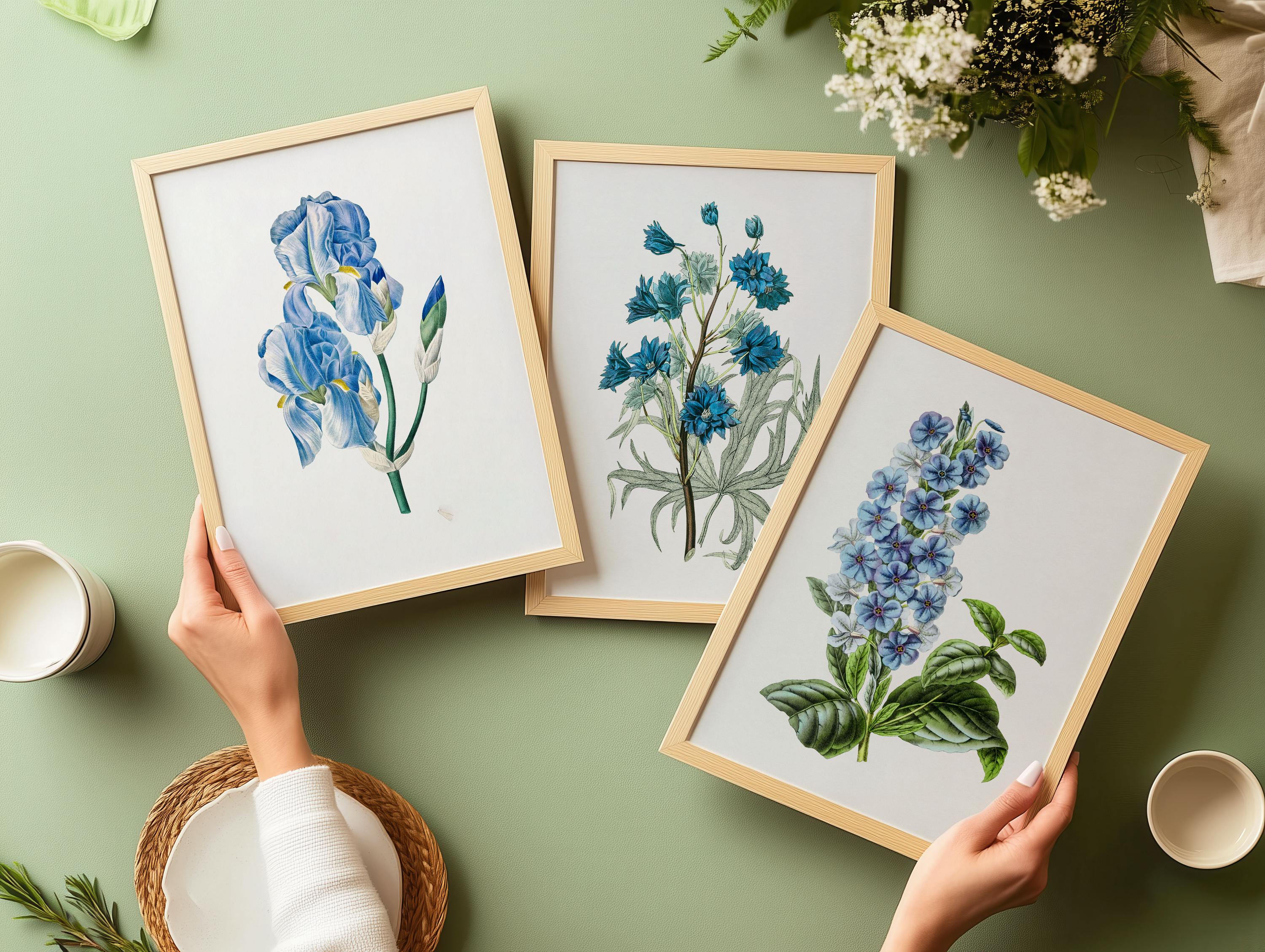 Blue Floral Botanical Wall Art Prints Set of 3 - Etsy