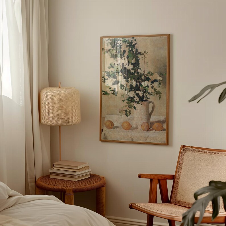 Floral and lemon still life wall art print displayed as vintage home decor. This reproduction features flowers and lemons arranged in a balanced classic composition with warm tones and refined detail, making it perfect for kitchens, breakfast nooks, gallery walls, or traditional interiors seeking timeless botanical artwork.