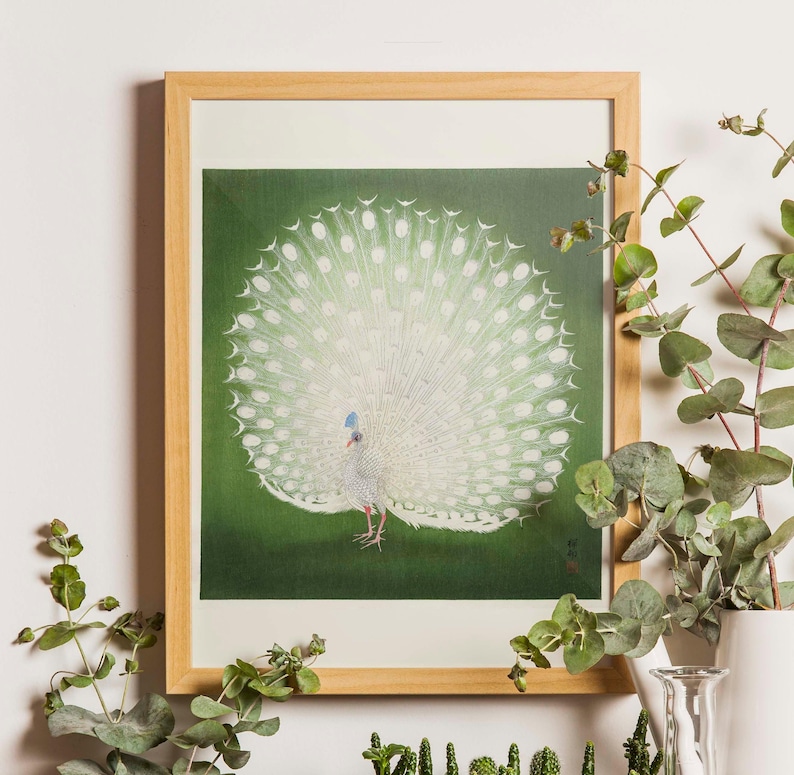 Reprint of Peacock illustration by Ohara Koson.  Different sizes available. Printing on matt paper, canvas or deckle edge fine art paper. Printed and shipped. Beautiful vintage japanese wall art.