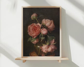 Moody Pink Peonies Painting, Peony Painting, Vintage Art Print, Flower Print, Dark Floral Print, Farmhouse Wall Decor, French Country Decor