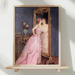 Woman Looking in Mirror, Vintage Wall Art, Woman Portrait, Antique Wall Decor, Fashion Wall Art, Vanity Print, Canvas Art, Girly Wall Art