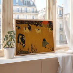 Vintage countryside wall art with cows in golden field