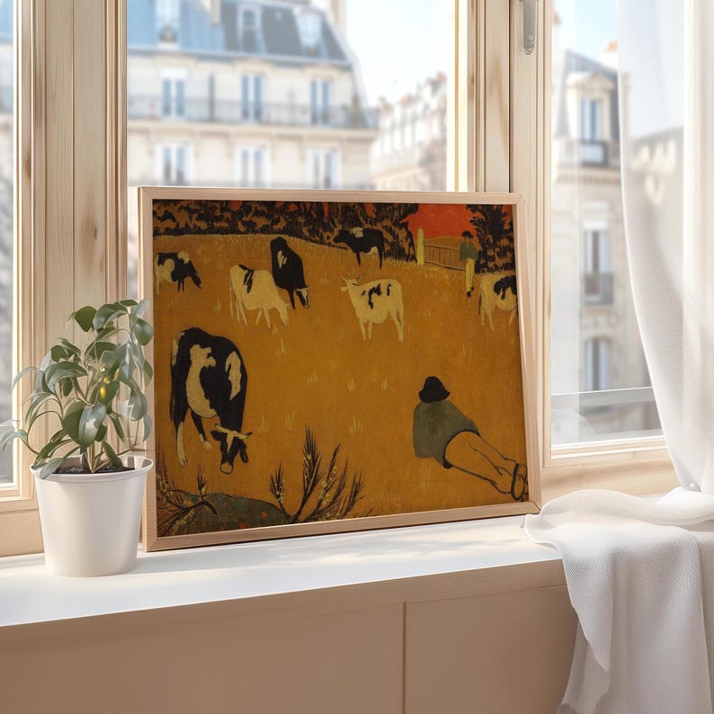 Vintage countryside wall art with cows in golden field