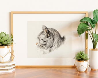 Vintage Cat Sketch Print, Black and White Nursery Wall Art