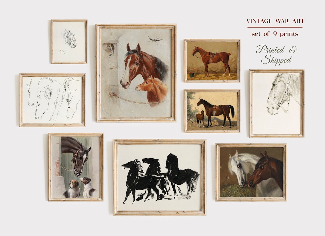 Vintage Horse Gallery Wall Set of 9, Horse Prints, Vintage Horse ...