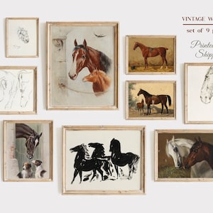 Juego de 9 cuadros de caballos vintage para pared, impresiones de caballos, cuadros de caballos vintage, arte ecuestre, decoración de caballos, decoración rústica