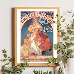 Lámina de Alphonse Mucha, póster de Alphonse Mucha, arte mural de chocolate, arte mural de Mucha, póster Art Nouveau, póster de cocina, decoración de cocina retro.