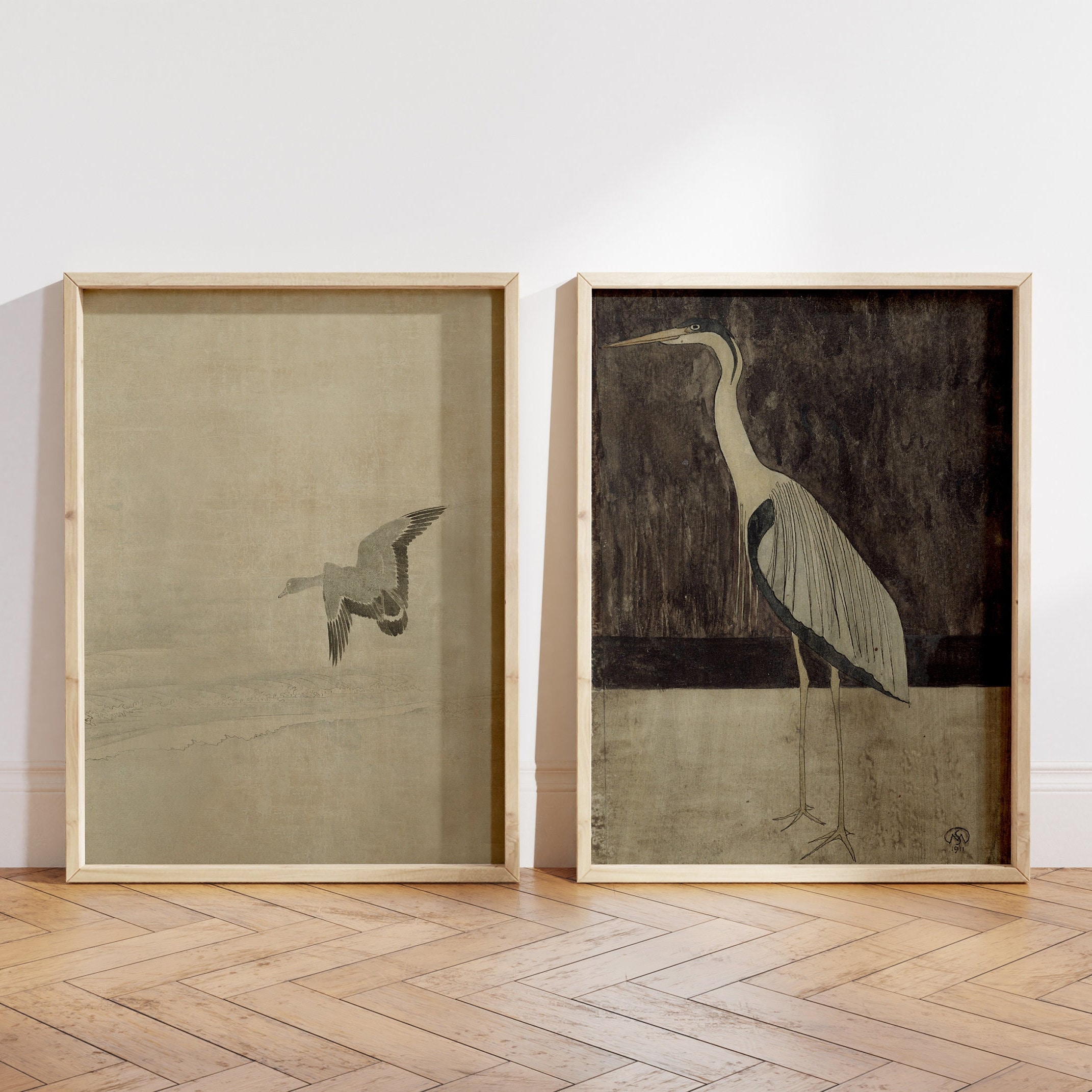 Great Blue Heron, Set of 2 Prints, Vintage Birds Prints, Vintage Blue Heron Painting, Muted Neutral Wall Art, Minimalist Gallery Wall Art