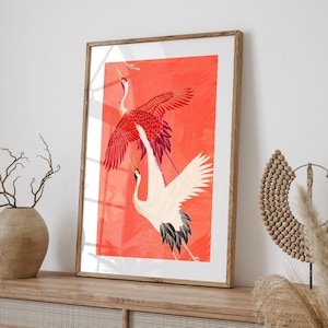 Antique Japanese Kimono Crane Print Red White Bird Artwork Vintage Textile Pattern Oriental Wall Decor Elegant Asian Crane Illustration