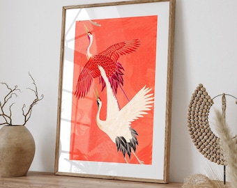 Antique Japanese Crane Print: Red White Bird Textile Artwork (Physical Print)