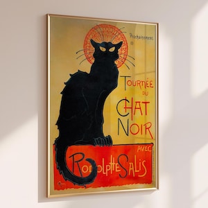 Art Nouveau Black Cat Wall Art Chat Noir print in vintage wall art poster style. Retro poster featuring elegant black cat art on yellow and red background adds charm to living room or bedroom. Unique animal poster and cat poster decor perfect for vintage lovers, blending classic French design with bold feline character. Ideal black cat art for gallery wall, office, or as a stylish gift.