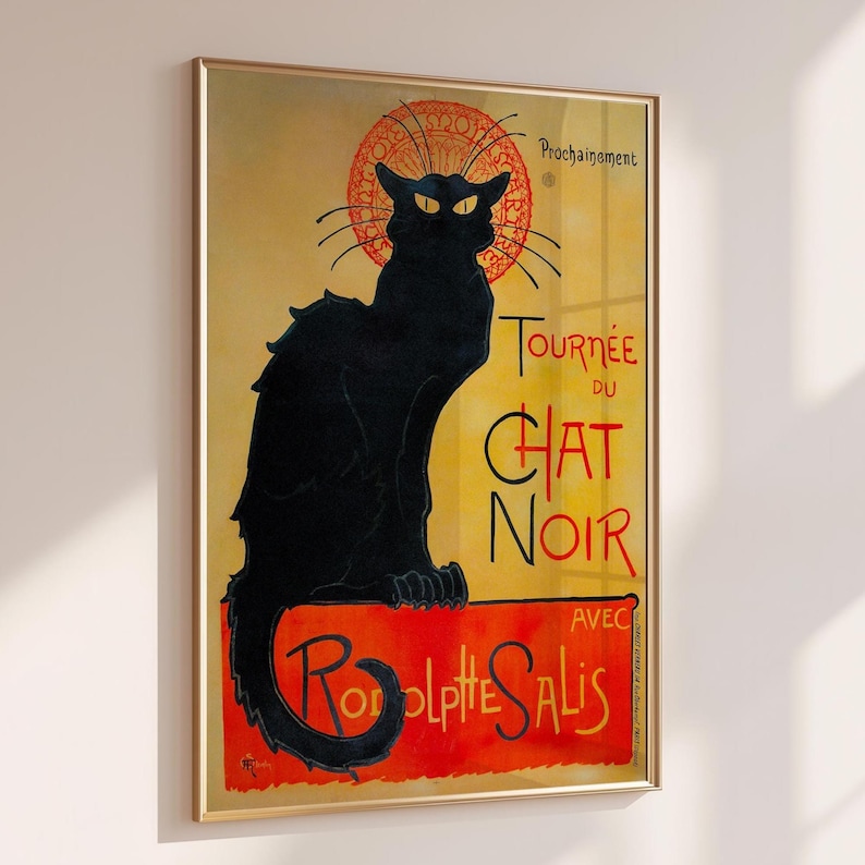 Art Nouveau Black Cat Wall Art Chat Noir print in vintage wall art poster style. Retro poster featuring elegant black cat art on yellow and red background adds charm to living room or bedroom. Unique animal poster and cat poster decor perfect for vintage lovers, blending classic French design with bold feline character. Ideal black cat art for gallery wall, office, or as a stylish gift.