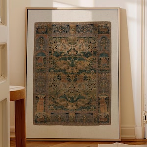 Vintage Textile Art, Rug Pattern Wall Print, Green Tapestry Art, Antique Persian Rug Print, Boho Rustic Cottagecore Decor, Printed Wall Art