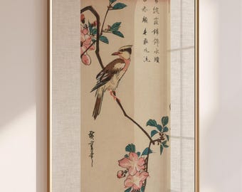 Cherry Blossom Bird Print: Antique Japanese Botanical Art, Japanese Bird Wall Art Print, Vintage Asian Blossom Painting, Floral Bird Poster