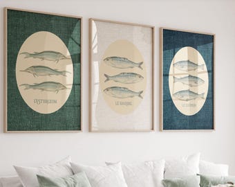 Vintage Fish Prints Gallery Wall Art: Coastal Nautical Decor Set