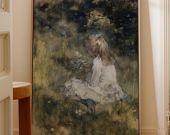 May include: A framed rectangular wall art print depicting a child with blonde hair wearing a white dress, sitting in a dark green grassy field while holding a small bouquet of blue flowers. The artist signature J Maris is visible.