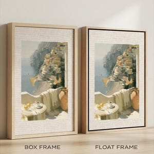Side-by-side comparison of box frame versus float frame for Positano balcony Italian coastal canvas art print in natural light wood — left shows box frame flush canvas with linen-textured mat design, right shows float frame with visible gap between stretched canvas edge and frame, both in natural wood finish