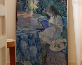 Impressionist Girl Reading Painting Vintage Garden Art Print Woman Reading Book Cottagecore Wall Decor Soft Pastel French Style Artwork