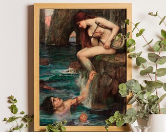 John William Waterhouse The Siren Print (1900) - Vintage art, Classic Painting, Poster, Art Print, Gift, Nude, Shipwrecked Sailor, Gift Idea