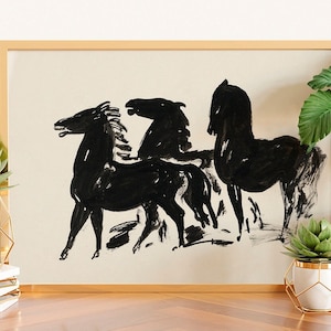 Horse Wall Art Vintage, Vintage Horse Painting, Minimalist Horse Print, Vintage Black Horses Art Print, Aesthetic Horse Print