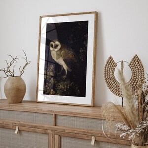 Antique Owl Painting featuring a moody, rustic bird print in a dark academia style. This vintage animal wall art showcases a detailed owl portrait, perfect for creating a scholarly, atmospheric vibe. Ideal as vintage owl print decor, owl wall art, or bird print for a study, library, or cozy reading nook. Printed wall art.