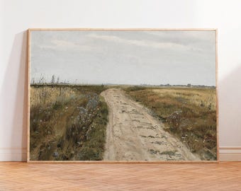 Vintage Wildflower Field Landscape Art Print: Farmhouse Wall Decor