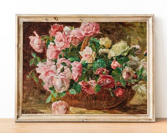 Pink Roses Print, Flower Painting, Roses Print, Still Life Roses Print, Farmhouse Decor, Vintage Wall Art Painting Girly, Floral Still Life