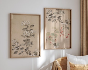 Beige Botanical Chinoiserie Art Prints: Neutral Floral Wall Decor, Set of 2