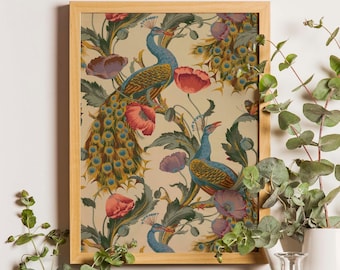 Vintage Peacock & Poppies Art Print: Botanical Bird Illustration