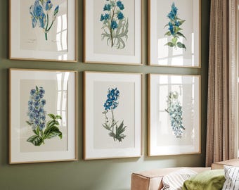 Vintage Blue Botanical Gallery Wall Set of 6, Blue Flower Art, Blue Floral Prints, French Country Farmhouse Prints, French Country Decor