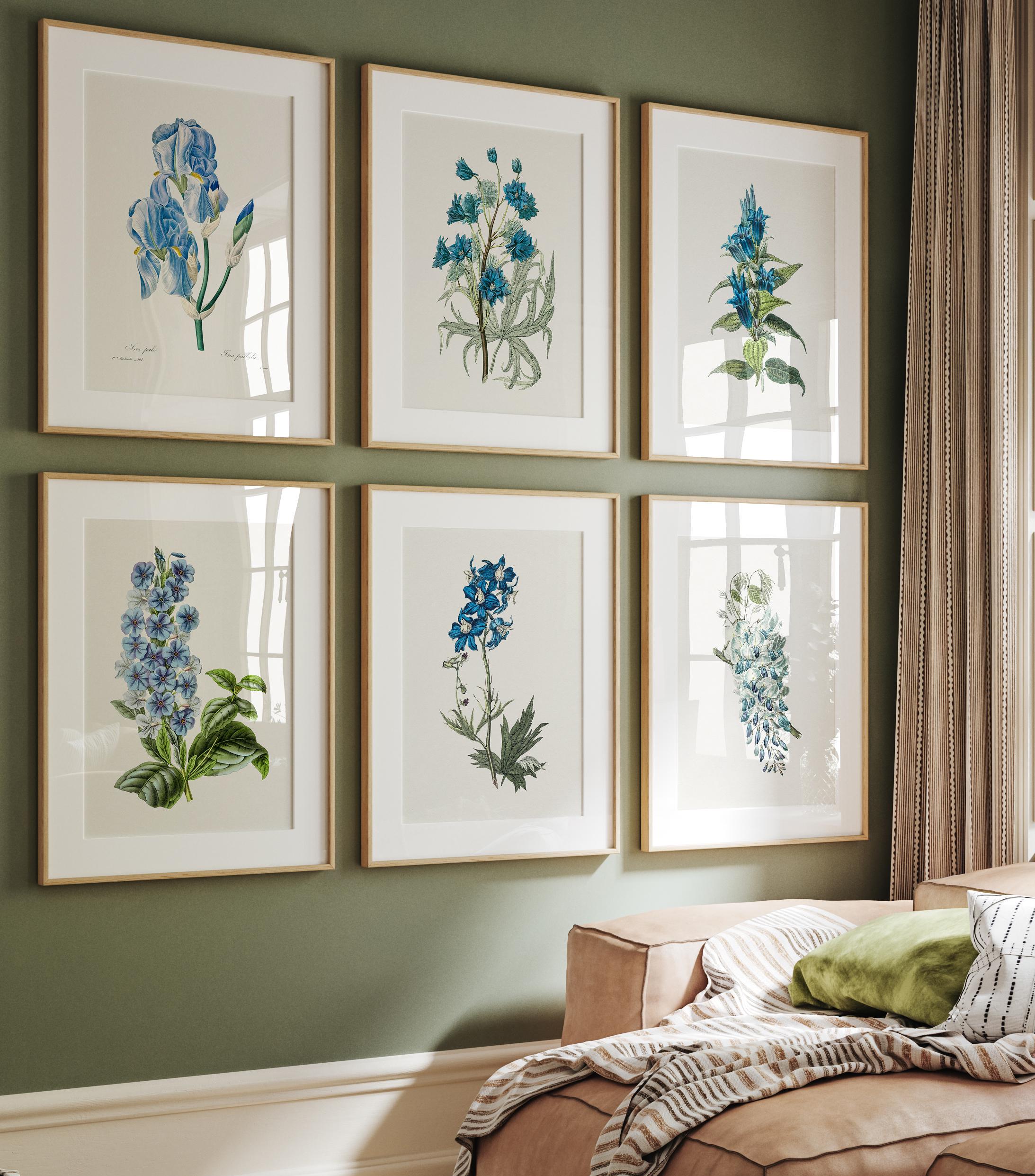 Vintage Blue Botanical Gallery Wall Set of 6, Blue Flower Art