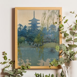 Japanese Art Print "Sarusawa Pond" by Yoshida Hiroshi, Woodblock print reproduction, Asian art, Cultural art, Willow trees, Vintage print