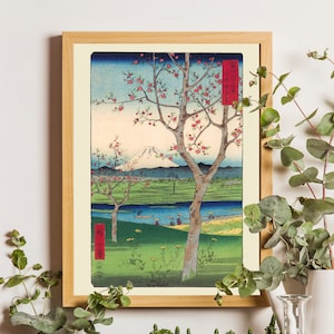 Vintage Japanese poster, Utagawa Hiroshige –Koshigaya in Musashi Province,  Ukiyo-e Japanese Prints Japan Decor Mount Fuji Poster Japan art