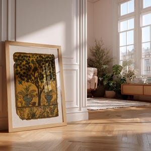 Tree of Life art print inspired by antique Persian garden painting with birds, botanical foliage, and symbolic nature imagery.