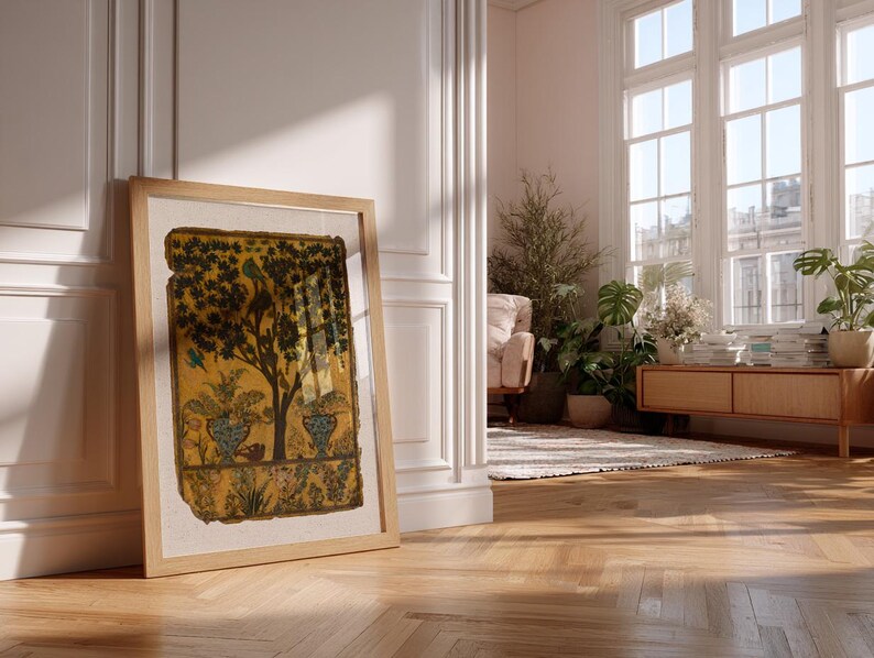 Tree of Life art print inspired by antique Persian garden painting with birds, botanical foliage, and symbolic nature imagery.