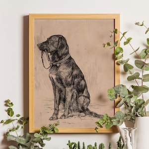 Black Labrador art print featuring a vintage dog painting in an antique animal portrait style. This farmhouse painting and detailed dog sketch makes a perfect dog lovers gift. High-quality dog print, SHIPPED ready to frame.