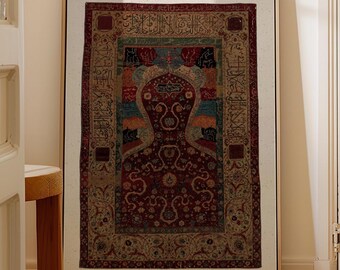 Vintage Persian Carpet Print, Antique Rug Wall Art, Red Islamic Tapestry, Boho Cottagecore Decor, Framed Wall Art Apartment Decor